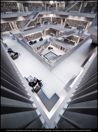 Moderne Bibliothek mit mehreren Ebenen und offenen Lesebereichen.